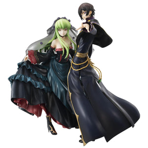 A close-up front view of the Lelouch and C.C. figure set highlighting character designer Takahiro Kimura's supervised sculpting.