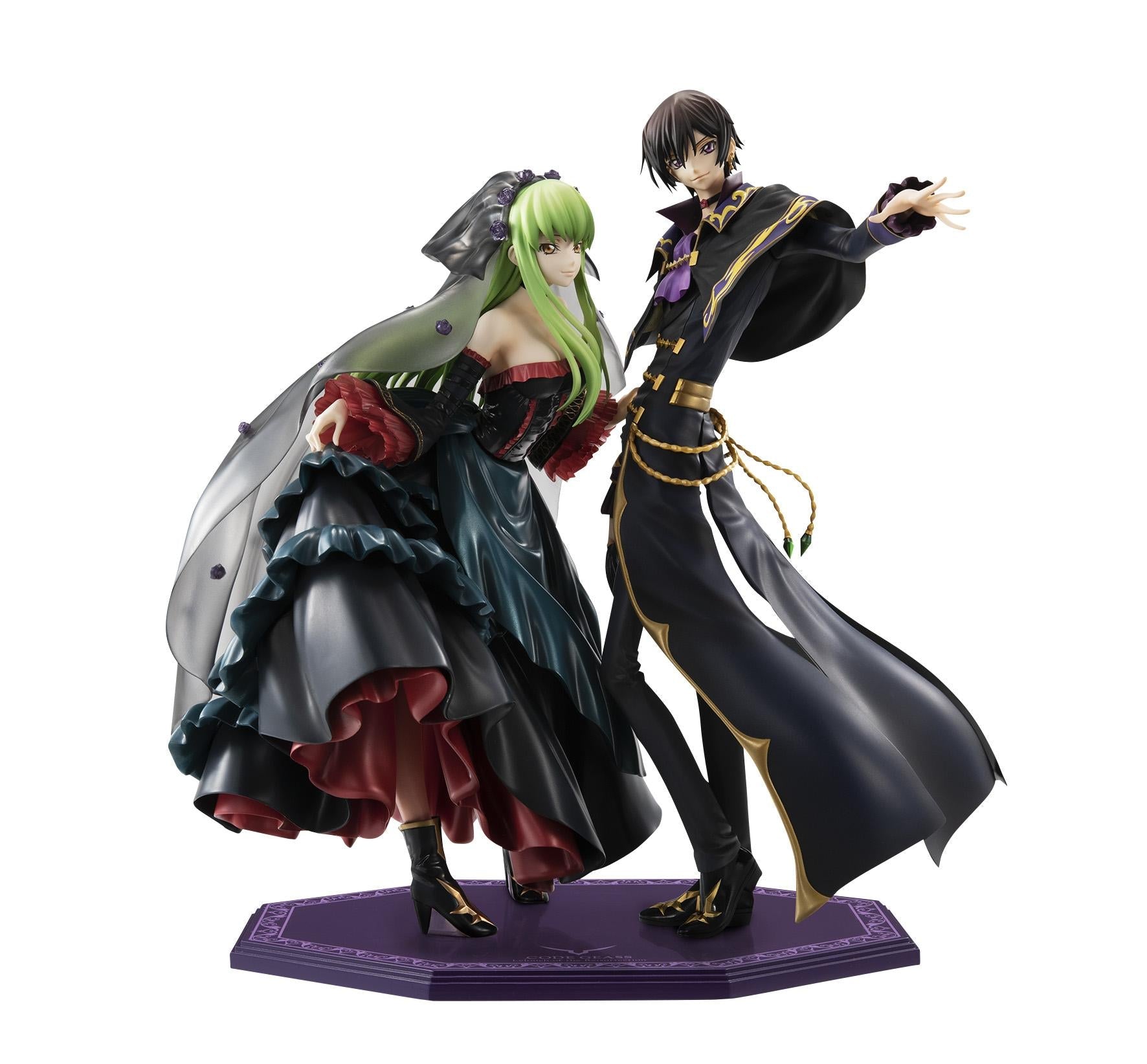 Lelouch and C.C. figures displayed together on a shared purple decorative display base for the 20th Anniversary reissue.