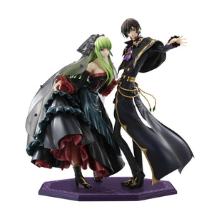 Lelouch and C.C. figures displayed together on a shared purple decorative display base for the 20th Anniversary reissue.
