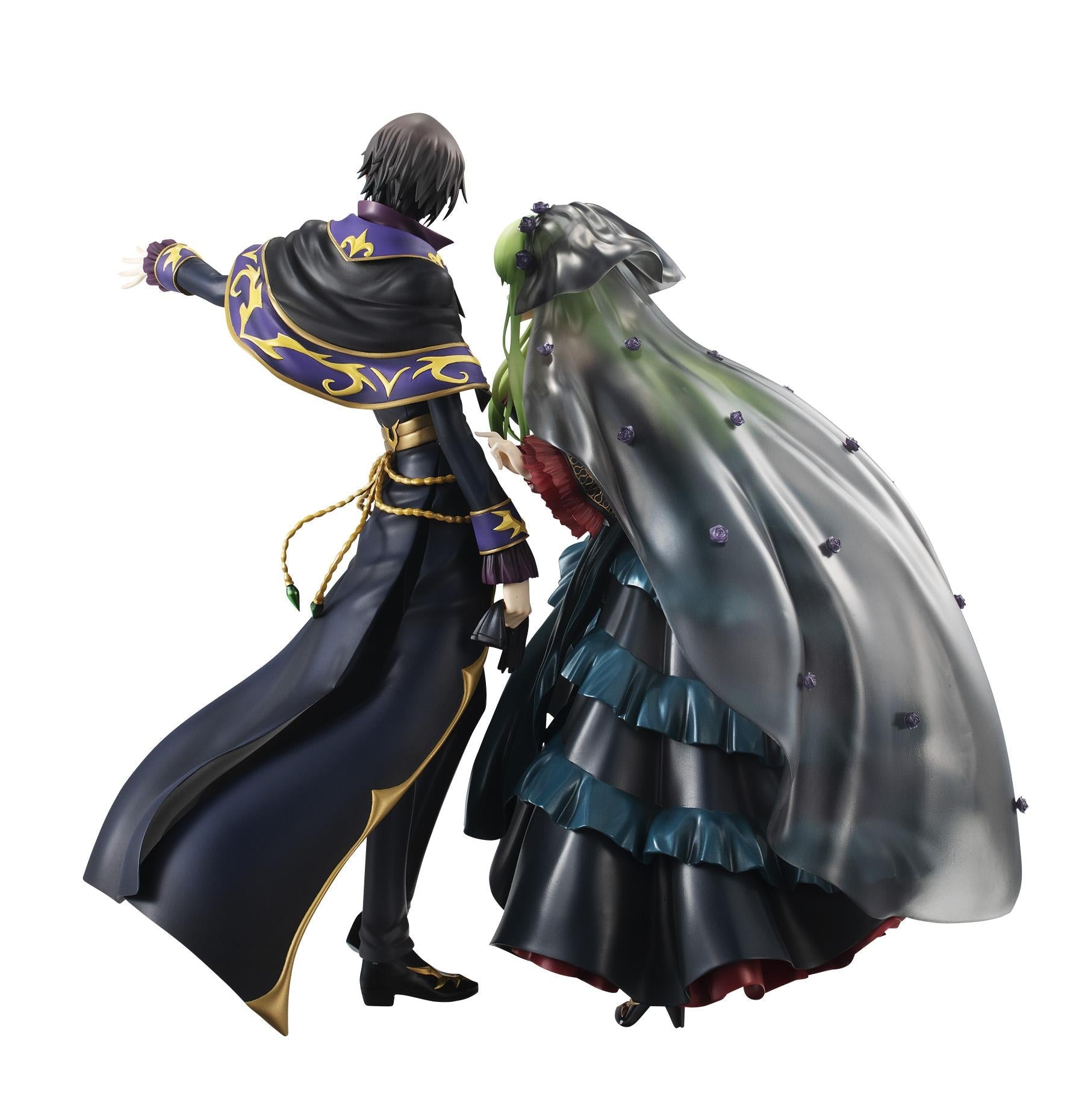 Rear view of the Lelouch and C.C. figures, detailing the flow of C.C.'s translucent black veil and Lelouch's gold-trimmed cape.