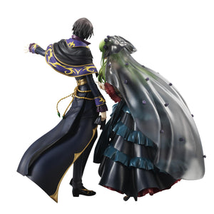 Rear view of the Lelouch and C.C. figures, detailing the flow of C.C.'s translucent black veil and Lelouch's gold-trimmed cape.