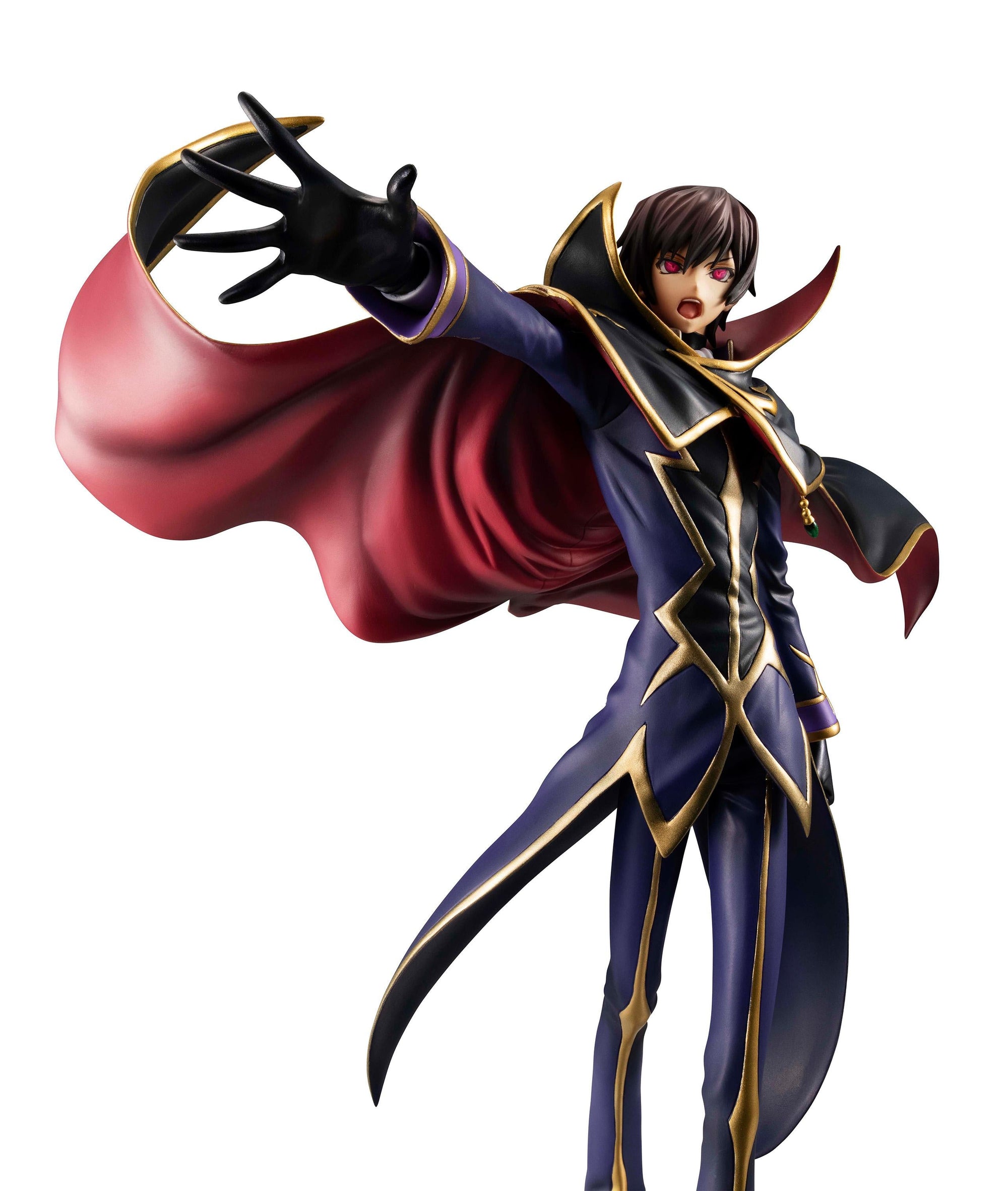 Close-up upper body photo of Lelouch unmasked with activated Geass eyes extending his right arm