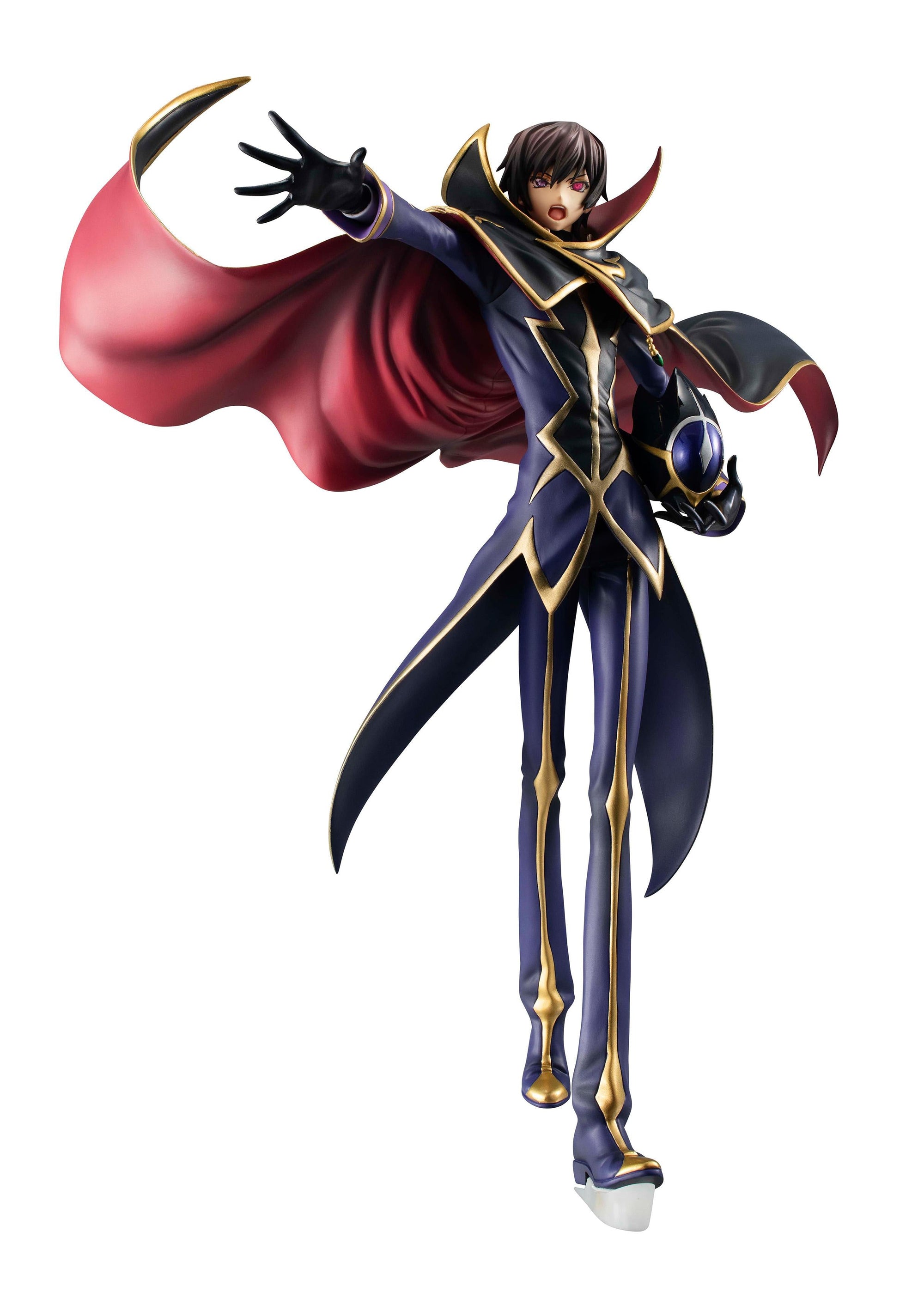 Full body view of Lelouch Vi Britannia unmasked holding the Zero helmet under his left arm