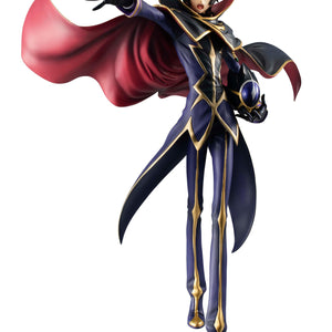 Full body view of Lelouch Vi Britannia unmasked holding the Zero helmet under his left arm