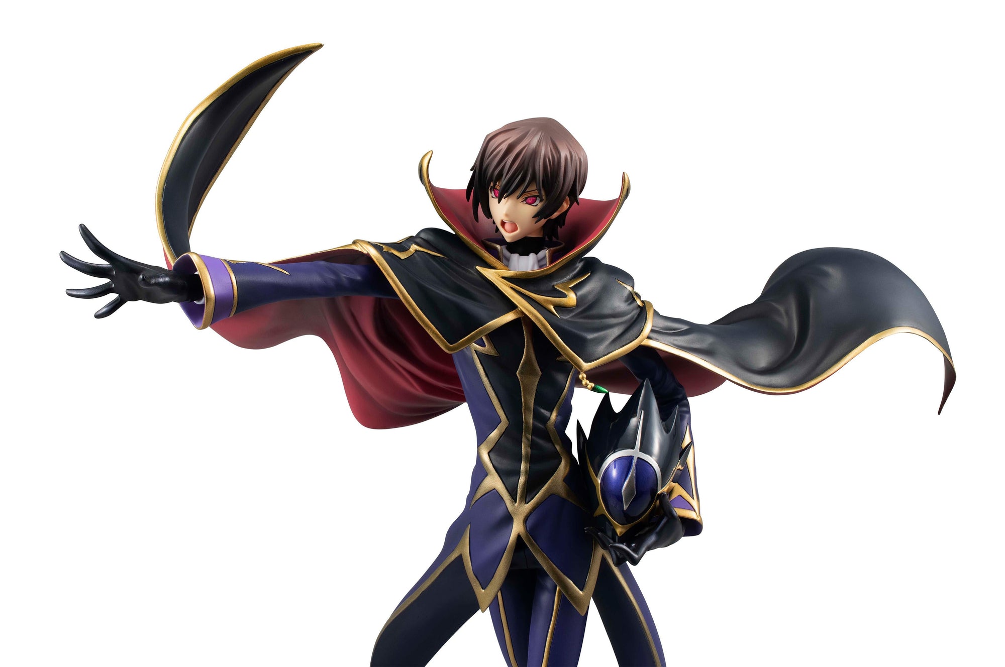 Upper body shot of Lelouch Vi Britannia unmasked with a shouting expression holding the Zero helmet