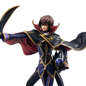 Upper body shot of Lelouch Vi Britannia unmasked with a shouting expression holding the Zero helmet