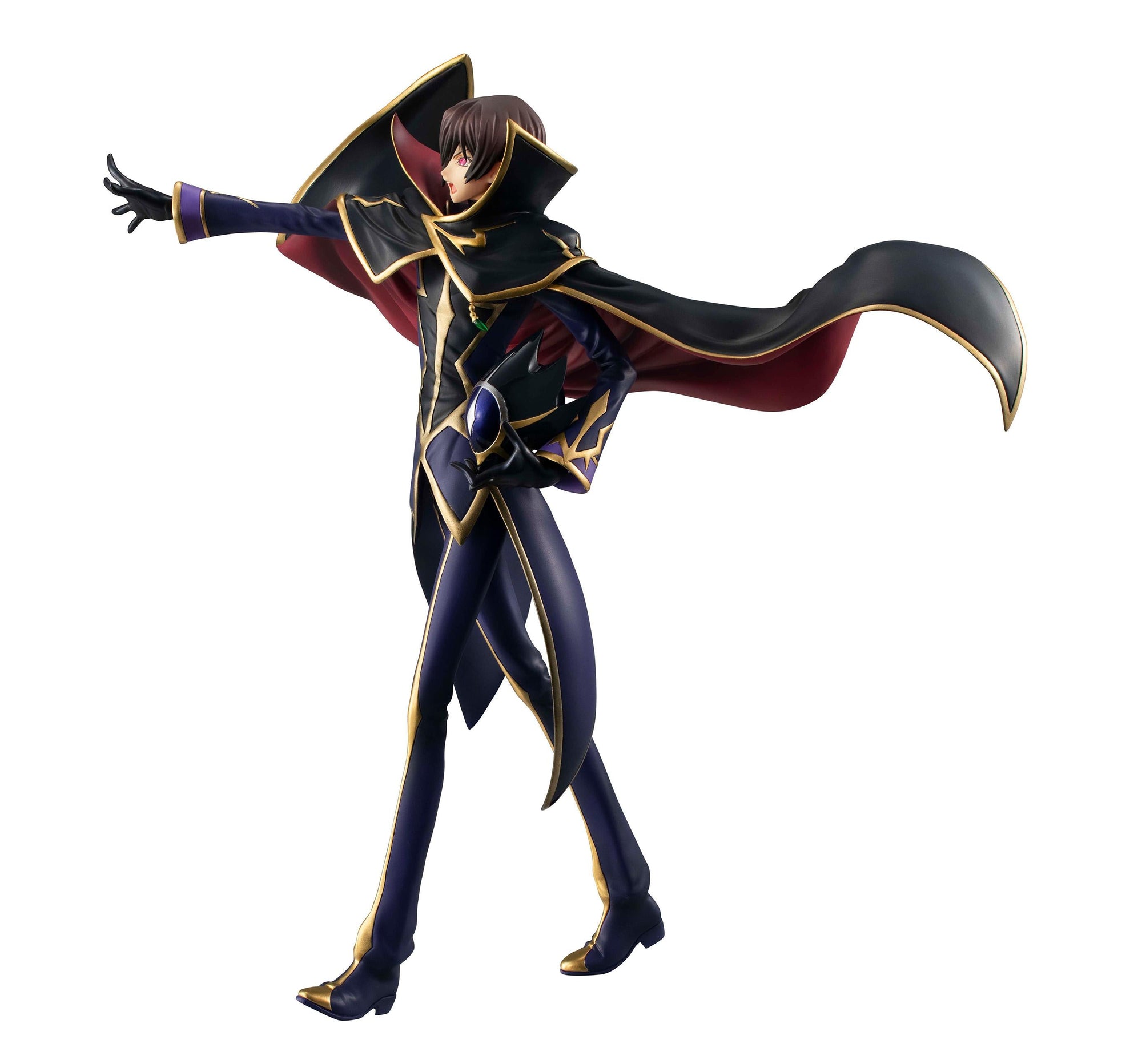 Side profile view of the Precious G.E.M. Lelouch figure posing dramatically while holding the Zero helmet