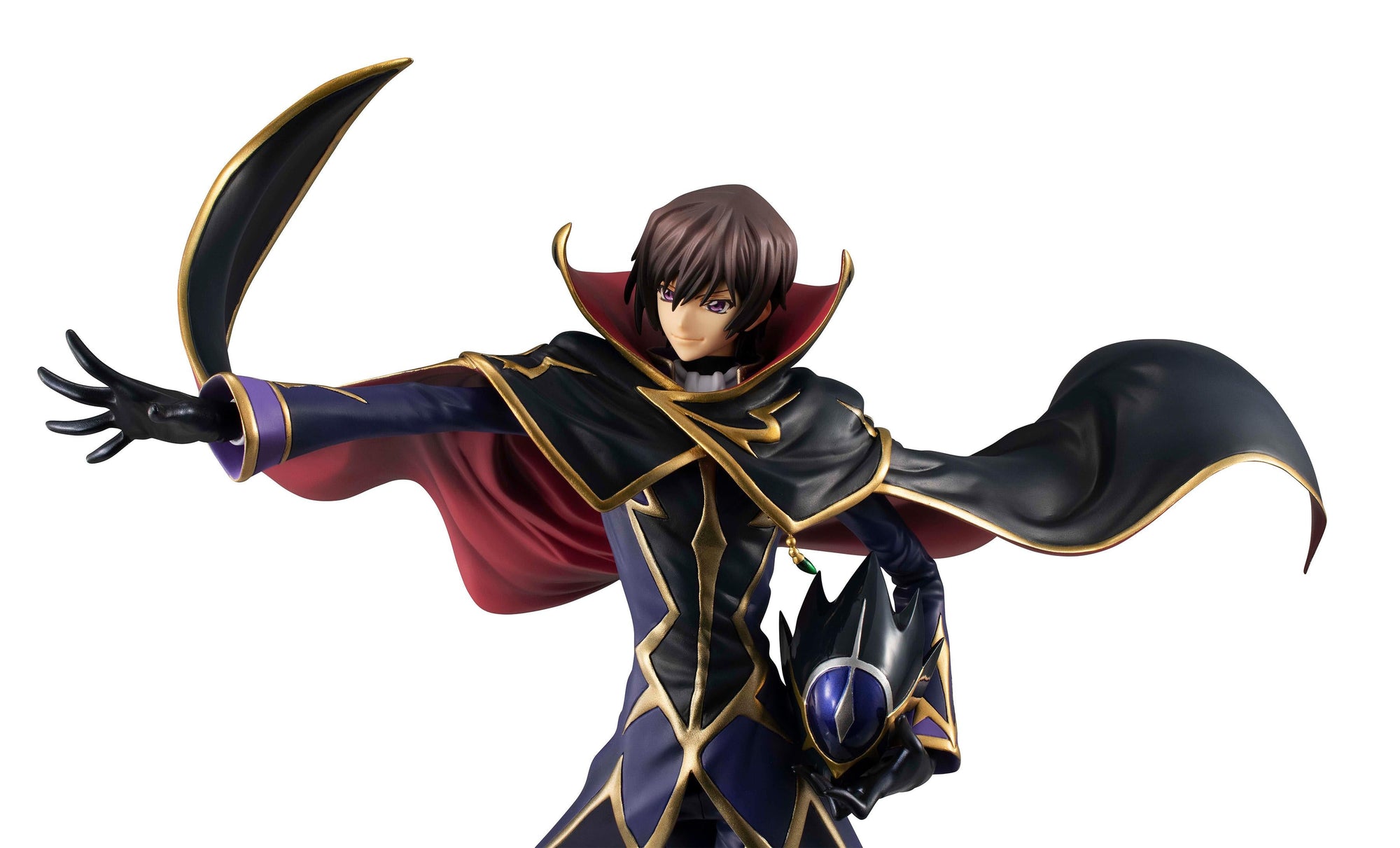 Upper body view of Lelouch Vi Britannia with a confident smiling expression holding the Zero helmet