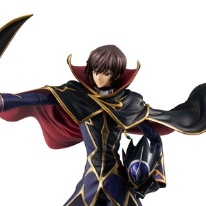Upper body view of Lelouch Vi Britannia with a confident smiling expression holding the Zero helmet
