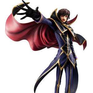 Close-up view of Lelouch Vi Britannia unmasked with active Geass eyes wearing the Zero suit
