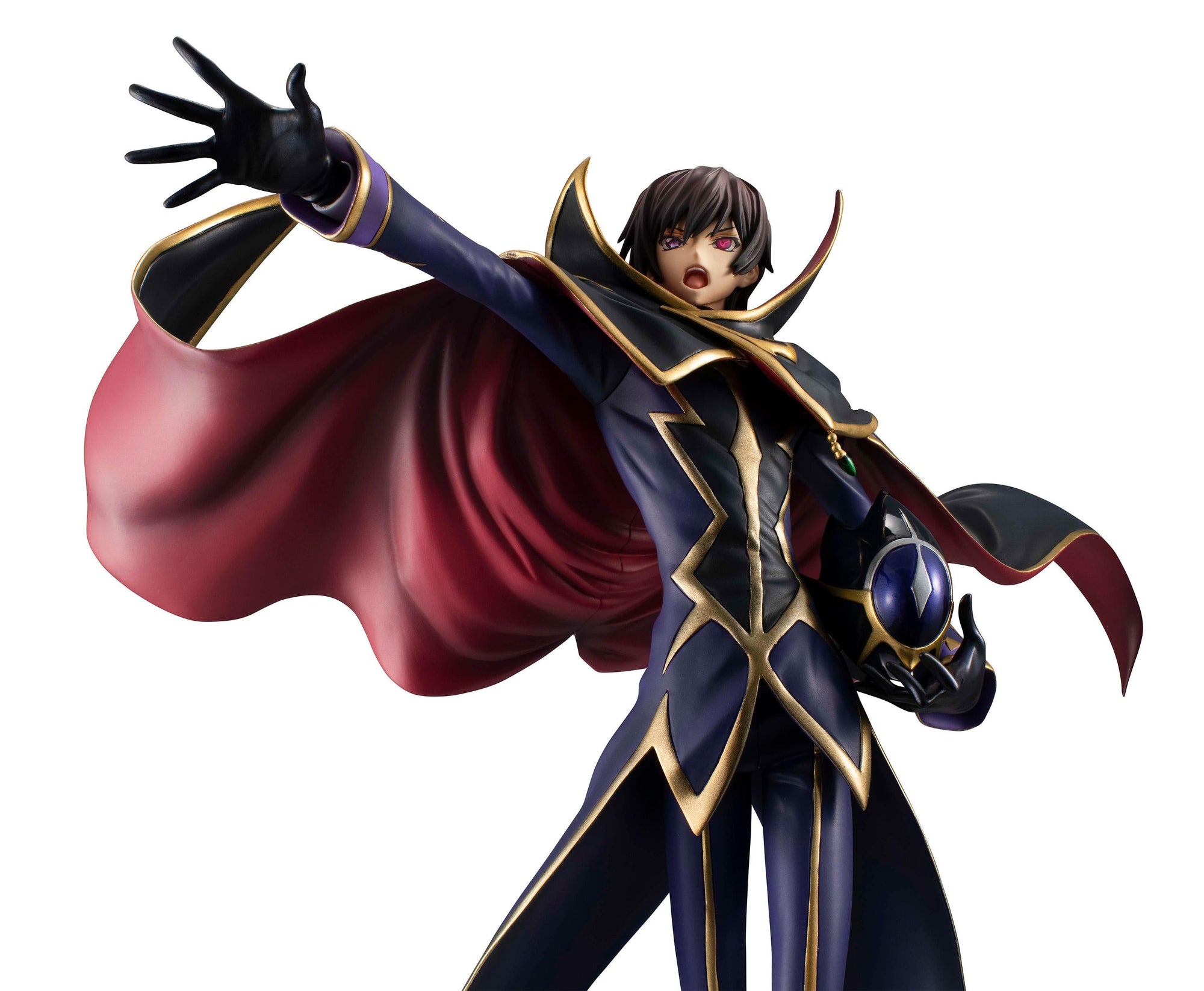 Medium upper body shot of Lelouch unmasked with a shouting expression holding the Zero helmet