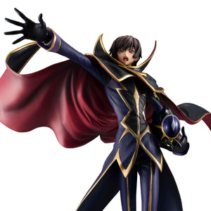 Medium upper body shot of Lelouch unmasked with a shouting expression holding the Zero helmet