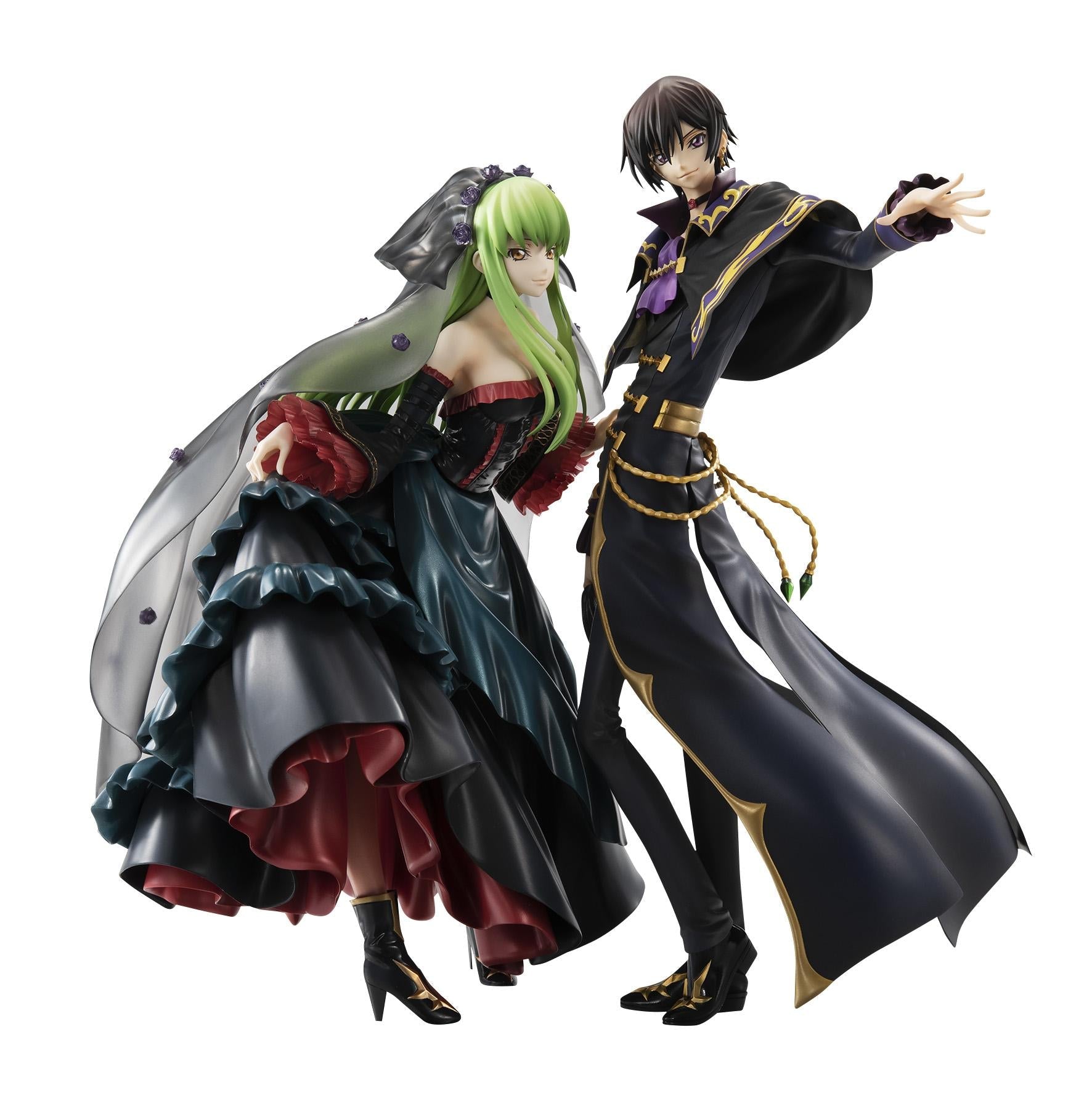 Full-body studio shot of the Precious G.E.M. Lelouch Lamperouge and C.C. figure set in their black epilogue outfits from Code Geass Re;surrection.
