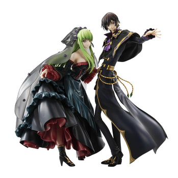 Full-body studio shot of the Precious G.E.M. Lelouch Lamperouge and C.C. figure set in their black epilogue outfits from Code Geass Re;surrection.