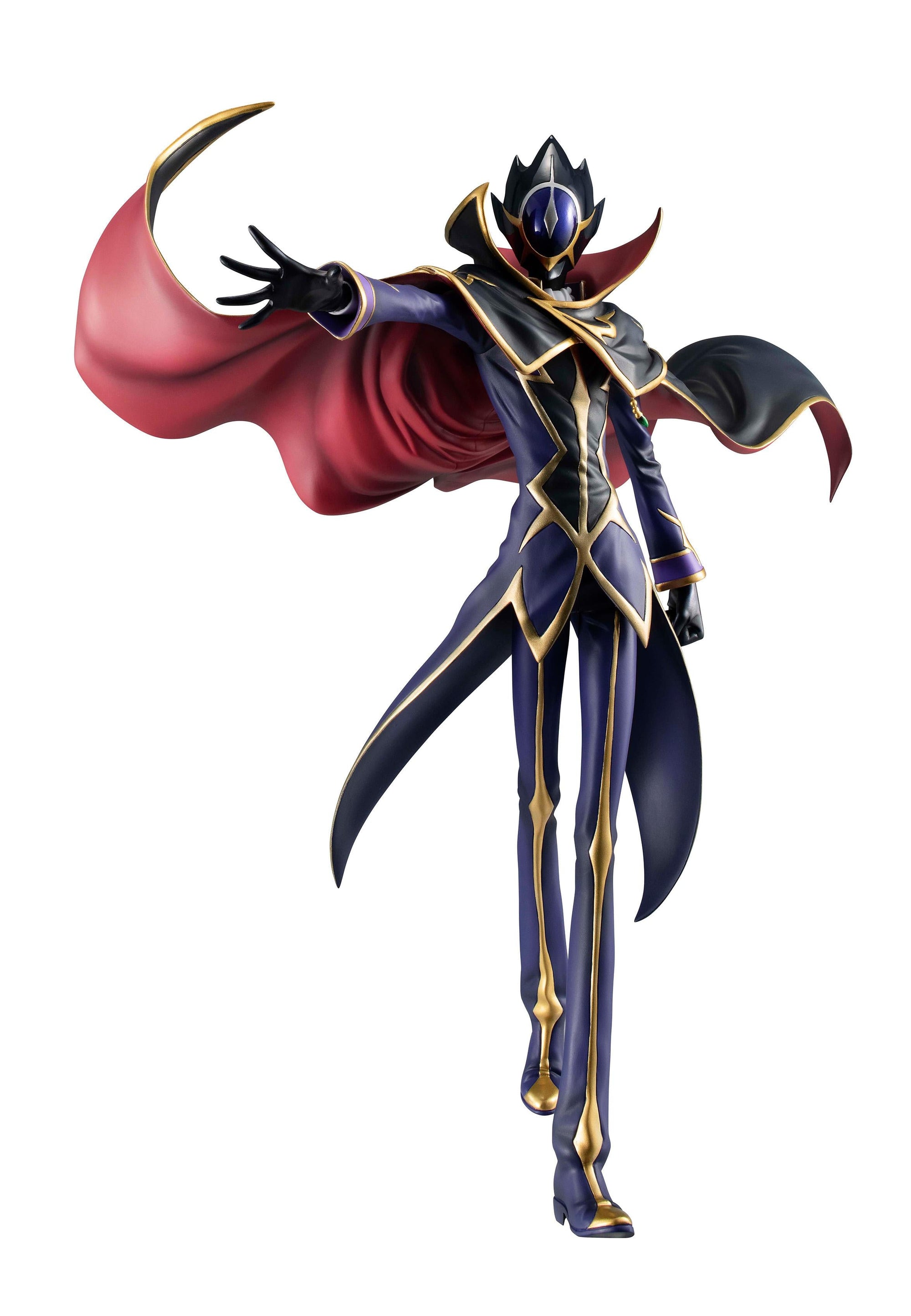 Full standing front view of the Megahouse Precious G.E.M. Code Geass Zero figure wearing his iconic helmet and flowing cape