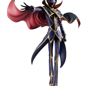 Full standing front view of the Megahouse Precious G.E.M. Code Geass Zero figure wearing his iconic helmet and flowing cape