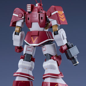 Rear three-quarter view of the assembled red and white Blockhead combat armor figure, highlighting the backpack vents, joint mechanics, and rear leg armor configuration.