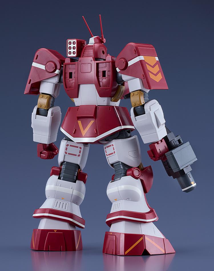 Rear three-quarter view of the assembled red and white Blockhead combat armor figure, highlighting the backpack vents, joint mechanics, and rear leg armor configuration.