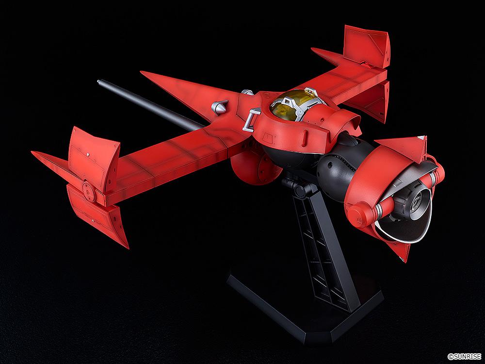 Rear three-quarter flight view of the red Swordfish II model kit mounted on its included black plastic display stand.