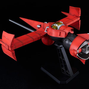 Rear three-quarter flight view of the red Swordfish II model kit mounted on its included black plastic display stand.
