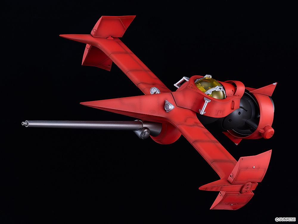 Dynamic flight view of the 1/48 scale Swordfish II spacecraft model kit from Cowboy Bebop set against a dark studio background.
