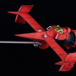 Dynamic flight view of the 1/48 scale Swordfish II spacecraft model kit from Cowboy Bebop set against a dark studio background.