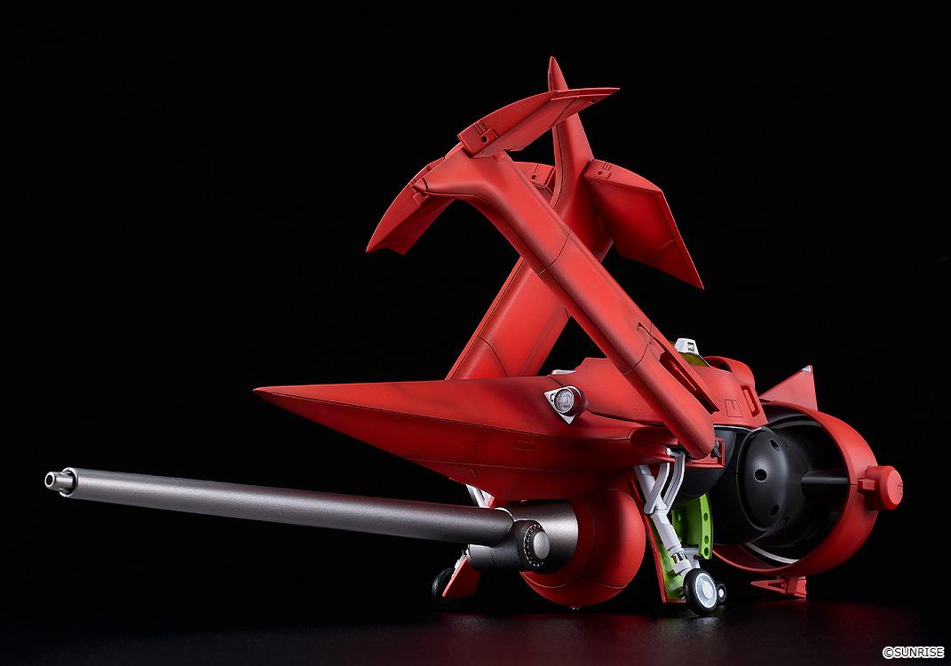 Grounded view of the Swordfish II model kit resting on deployed landing gear with its red wings folded upward for storage.