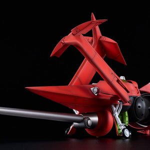 Grounded view of the Swordfish II model kit resting on deployed landing gear with its red wings folded upward for storage.