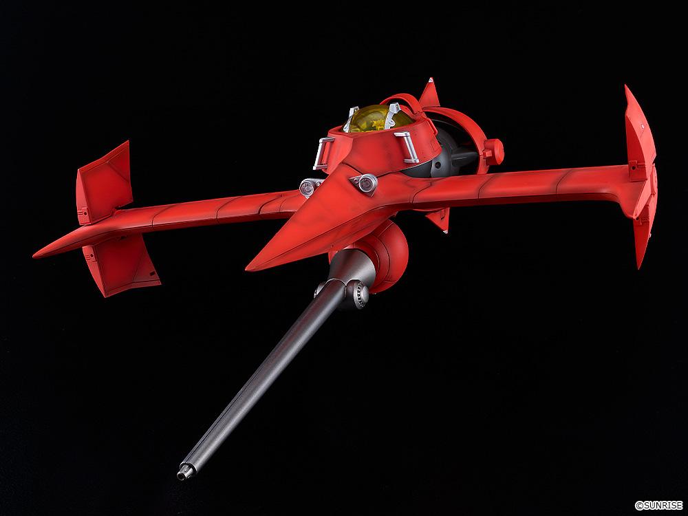 Front three-quarter angle of Spike Spiegel's Swordfish II model kit, highlighting the yellow cockpit canopy and long front plasma cannon.