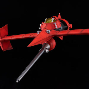 Front three-quarter angle of Spike Spiegel's Swordfish II model kit, highlighting the yellow cockpit canopy and long front plasma cannon.