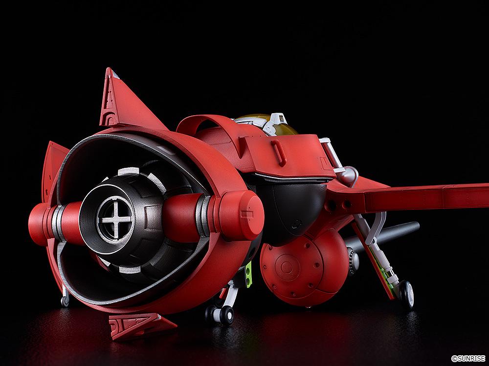 Close-up rear view of the landed Swordfish II model kit showing the main engine thruster nozzle and landing gear wheels.