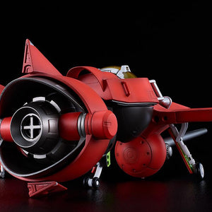 Close-up rear view of the landed Swordfish II model kit showing the main engine thruster nozzle and landing gear wheels.