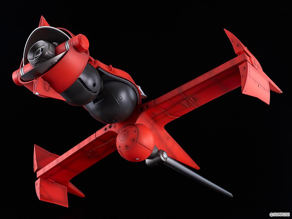 Underside view of the red Swordfish II model kit detailing the engine thruster, lower fuselage, and long plasma cannon.