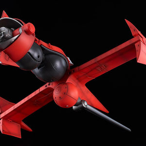 Underside view of the red Swordfish II model kit detailing the engine thruster, lower fuselage, and long plasma cannon.