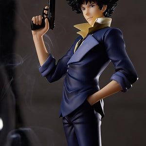 Detailed close-up of Spike Spiegel's face and upper body, highlighting his signature yellow shirt and casual smirk.