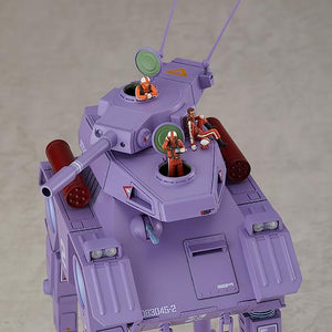 Close-up of the Crab Gunner model with open hatches and three miniature pilot figures posed on the turret.