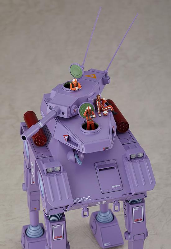Close-up of the Crab Gunner model with open hatches and three miniature pilot figures posed on the turret.