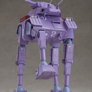 Action pose of the Crab Gunner model kit with one leg lifted to demonstrate its range of articulation.