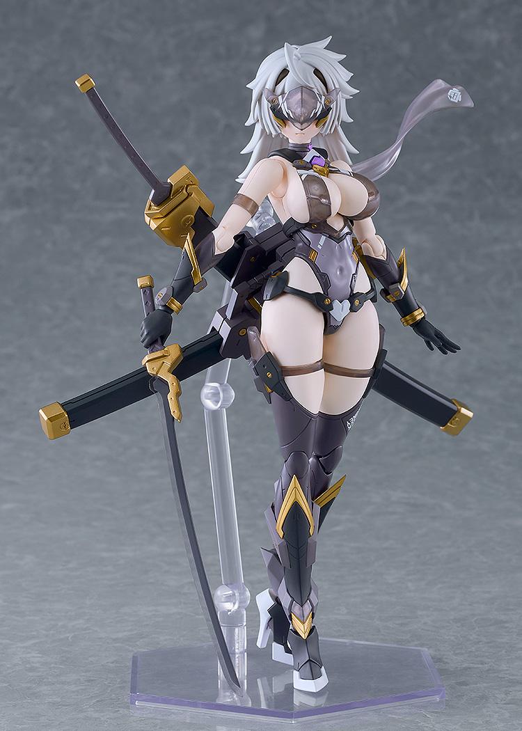 Front view of Black Honey model kit wearing the included visor front hair part with sheathed swords on her back