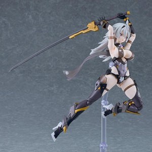Airborne jumping pose of Black Honey model kit swinging a long sword overhead with both hands
