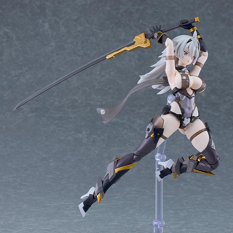 Airborne jumping pose of Black Honey model kit swinging a long sword overhead with both hands