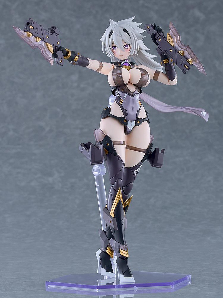 Black Honey model kit posing in a wide stance wielding dual handguns with transparent blade attachments