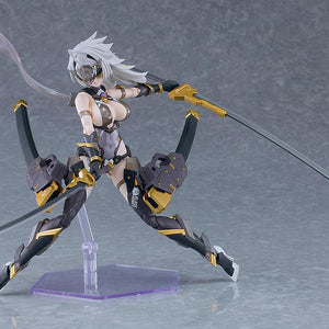 Dynamic combat pose of Black Honey model kit wielding two swords in a wide stance with visor accessory