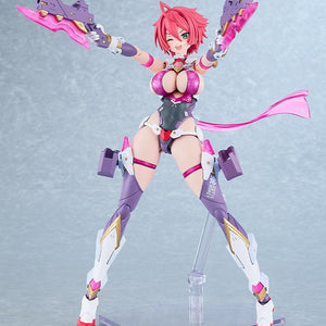 Frontal dynamic wide-stance battle pose of the PLAMATEA Cutie Honey model kit holding two purple handguns with attached translucent pink knife blades.
