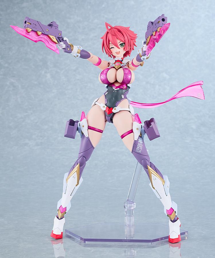 Frontal dynamic wide-stance battle pose of the PLAMATEA Cutie Honey model kit holding two purple handguns with attached translucent pink knife blades.