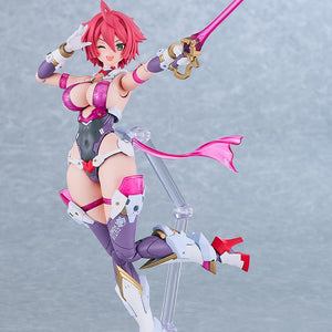 Dynamic airborne action pose of the Cutie Honey Nova plastic model kit winking and holding her pink translucent sword high on a clear support arm.