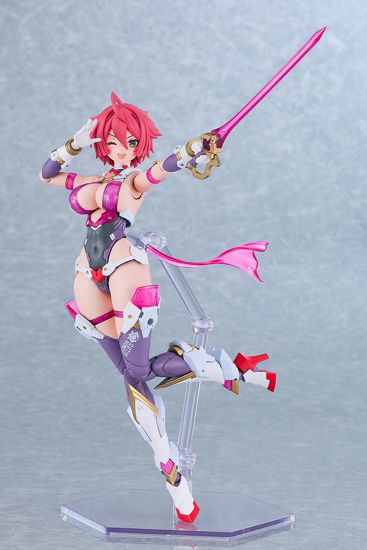 Dynamic airborne action pose of the Cutie Honey Nova plastic model kit winking and holding her pink translucent sword high on a clear support arm.