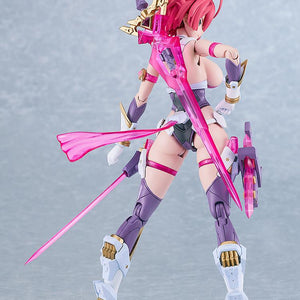 Rear three-quarter view of the Cutie Honey Nova PLAMATEA model kit showing back armor details, articulation joints, and her pink translucent sword slung across her back.