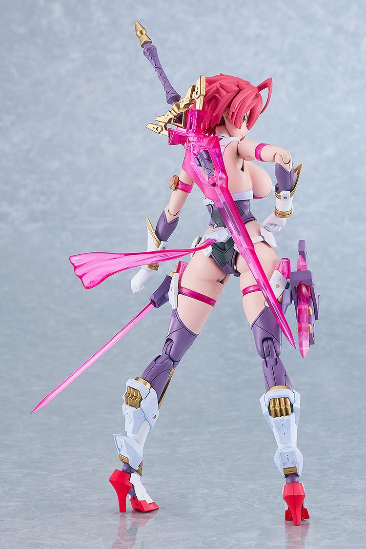 Rear three-quarter view of the Cutie Honey Nova PLAMATEA model kit showing back armor details, articulation joints, and her pink translucent sword slung across her back.