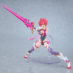 Low-angle dynamic lunging pose of the Cutie Honey Nova model kit swinging a large pink translucent blade weapon with a determined shouting expression.